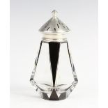 An Art Deco silver mounted glass sugar caster by Roberts & Dore Ltd, London (date letter worn), of