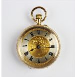 An early 20th century 14ct gold fob watch, the round gold toned dial with Roman numerals and