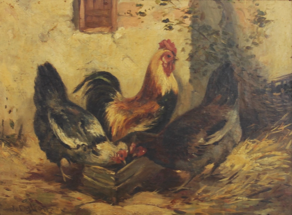 J. Dalton (English school, 19th century), Oil on canvas, A cockerel and hens feeding, Signed lower