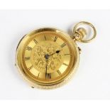A Victorian 18ct gold fob watch, the circular dial with engraved floral decoration and black Roman