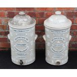 A near pair of late 19th century 'The Atkins Patent' stoneware water filters, of typical cylindrical