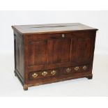 A George III oak and mahogany cross banded mule chest, the rectangular hinged moulded top above