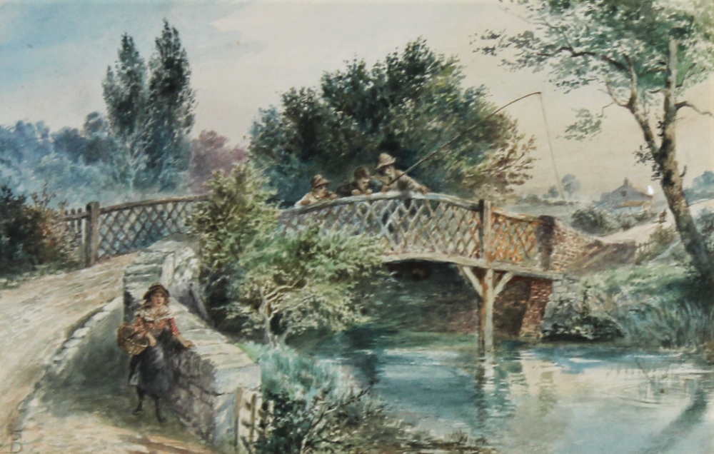 Manner of Miles Birkett Foster (1825-1899), Watercolour on paper, Children fishing on a bridge, - Image 2 of 2