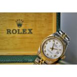 A ladies bi-metal stainless steel Rolex Oyster Perpetual Date-just wristwatch, the circular white