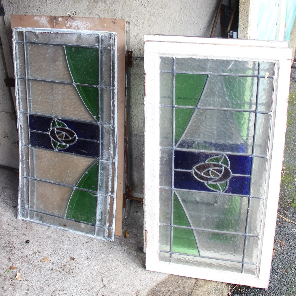 Six leaded glass window panels, 1920's/1930's, the rectangular panels centred with a coloured - Image 2 of 2