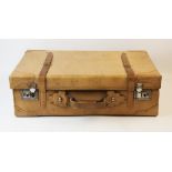 A vintage pig skin suitcase and fitted dustcover, 20th century, the suitcase with reinforced