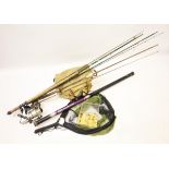 A collection of fishing tackle to include an Alnwick fly fishing rod with Intrepid spinning reel,