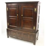 An 18th century oak livery cupboard, the cavetto cornice above a pair of panelled cupboard doors,