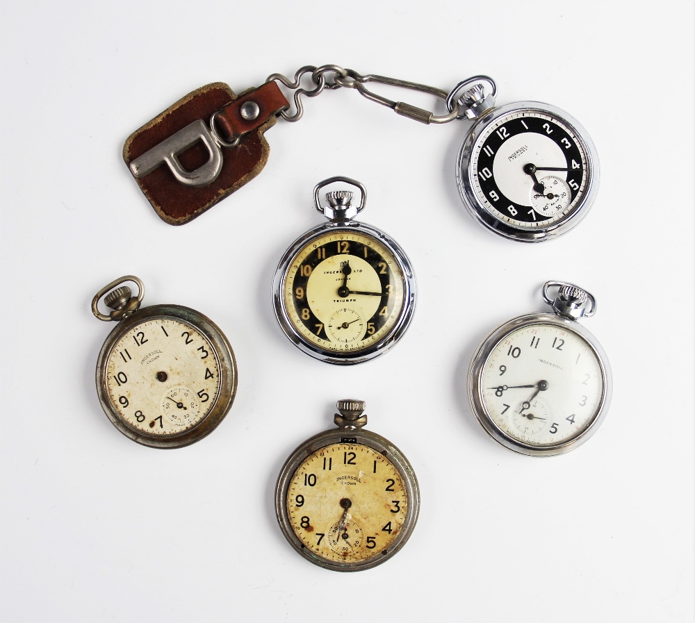 An Ingersoll pocket watch, with round white dial, Arabic numerals and subsidiary seconds dial to six