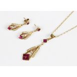 A ruby and diamond pendant and earring suite, the pendant comprising five square step cut rubies and