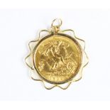 An Edwardian gold half sovereign, dated 1909, set to a yellow metal pendant mount, weight 5.1gms