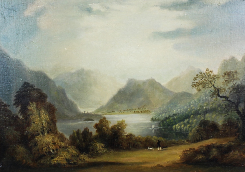 English school (19th century), Oil on canvas, Mountainous landscape with man and dog by a lake, - Image 2 of 3