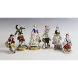 Three pairs of Sitzendorf porcelain figures, comprising; a pair of flower pickers, on gilt lined