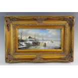 H Balman, Dutch 20th century, Oil on panel, A frost market, Signed lower left, 13.5cm x 29cm, Gilt