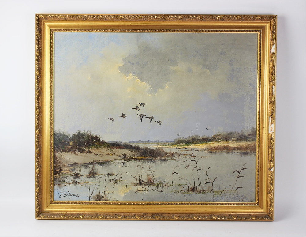 G. Stevens (British, 20th century), Oil on canvas, Mallards ascending from a lake, Signed lower