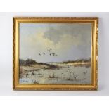 G. Stevens (British, 20th century), Oil on canvas, Mallards ascending from a lake, Signed lower
