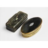 A horn snuff box and cover, 19th century, the oval box with white metal cartouche to the cover,