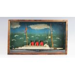 A vintage cased handmade, scratch-built model of a three funnelled ocean going liner, the wooden