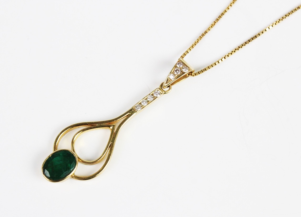 An emerald and diamond pendant and earring suite, the pendant comprising an oval mixed cut emerald - Image 3 of 4