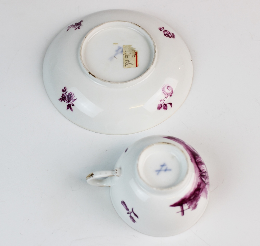 A Meissen porcelain tea cup and saucer circa 1775, finely painted with views of courting couples - Image 3 of 3