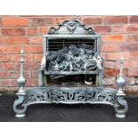 George III style polished steel converted fire insert, the cast scroll back above the fire insert