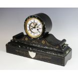 A Victorian French slate and verte marble mantel clock, of drum form, the 12cm white enamel dial
