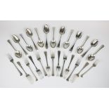 MILITARY INTEREST: A George III silver Old English pattern part canteen of cutlery, comprising;