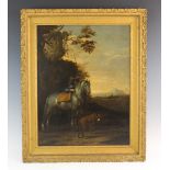 Manner of Dirk Stoop (1610-1681), Oil on panel, Man with horse and dog beneath a large urn,