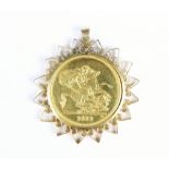 A George V gold quintuple sovereign, dated 1911, set to a 9ct gold pendant mount, weight 47.4gms
