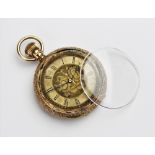 An Edwardian 9ct gold open face fob watch, the round gold toned dial with black Roman numerals and