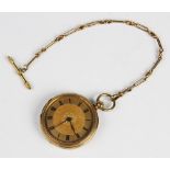 A Victorian Continental 18ct gold fob watch, the gold toned circular dial with engraved decoration