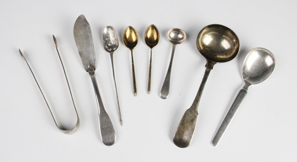 A selection of 18th century and later silver and white metal cutlery, to include a white metal