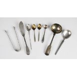 A selection of 18th century and later silver and white metal cutlery, to include a white metal
