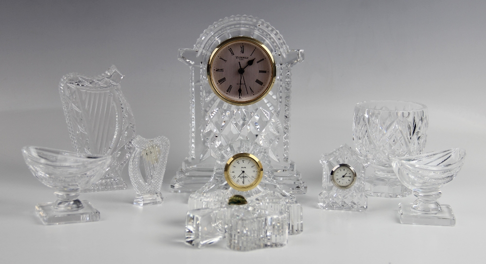 A Waterford Crystal mantel clock, 18.5cm high, with further Waterford Crystal ornaments