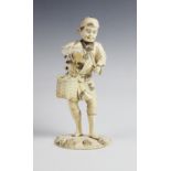A Japanese signed ivory okimono, Meiji period (1868-1912), modelled as a field worker with a