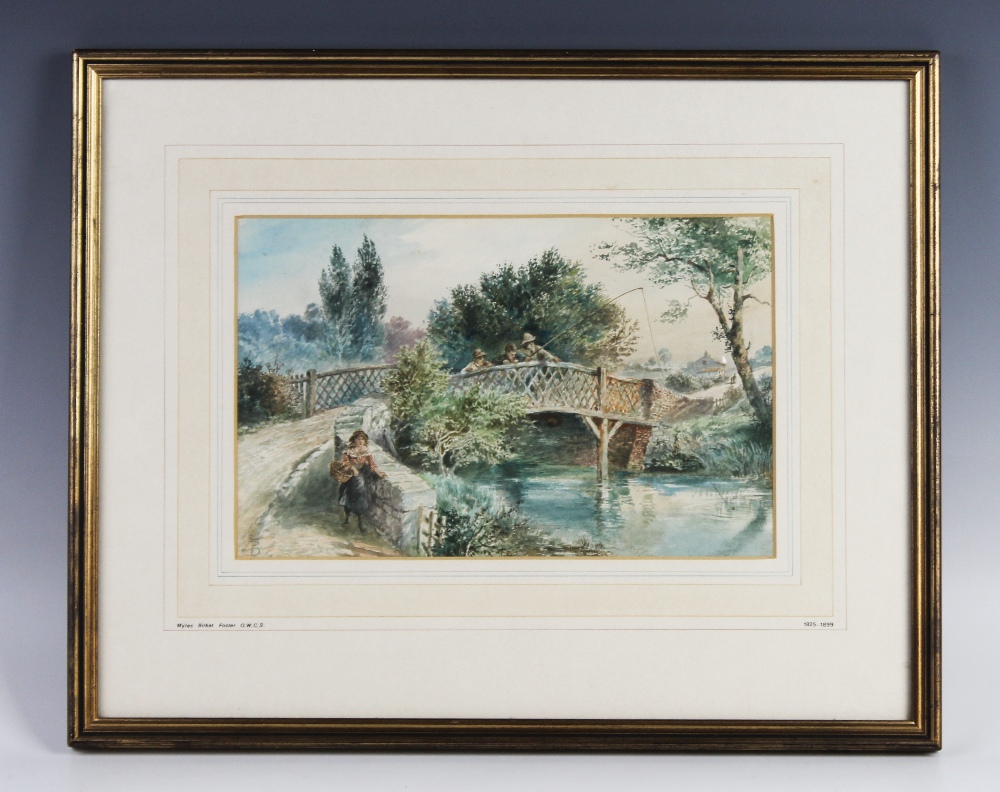 Manner of Miles Birkett Foster (1825-1899), Watercolour on paper, Children fishing on a bridge,