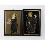 Two silk embroidered religious icons, probably cut from a 19th century altar cloth, one depicting