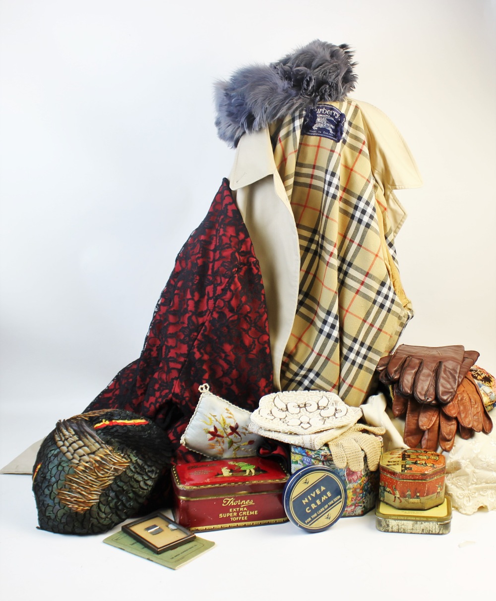 A selection of vintage clothing, textiles, dress making equipment and accessories, to include a