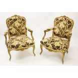 A pair of 19th century Louis XVI style fauteuils, the embossed foliate fabric in autumnal shades,