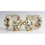 Two Royal Worcester 'Japan' teacups and saucers, late 19th century, each of canted square form, with