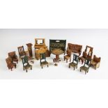A collection of early 20th century and later dolls house furniture, comprising painted settees and