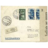 1941 - Raccomandata per la Svizzera con Fratellanza d'armi C. 25 e 2 es. £ 1,25, n. 454 + 457.