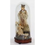 COMPOSIZIONE raffigurante "Madonna con Bambinello e fanciulli" entro campana in vetro. Sicilia XIX
