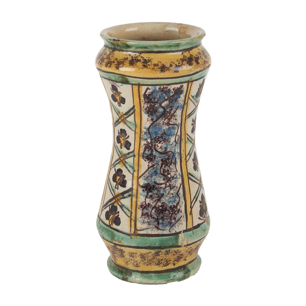 ALBARELLO in ceramica smaltata e decorata (rotture). Burgio XVIII secolo Misure: h cm 26,5