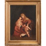 PITTORE DEL XIX SECOLO OLIO su tela "Madonna con Bambino e putto". Misure: cm 47 x 32