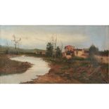 J. RICA OLIO su tela raffigurante "Paesaggio con fiume e caseggiato" datato 1899. Misure: cm 80 x