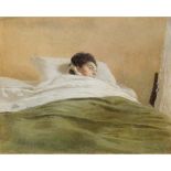 RAFFAELLO SORBI (Firenze 1844 - 1931) OLIO su tavoletta "Riflessioni a letto", firmato in basso a