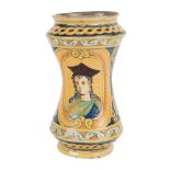 ALBARELLO in ceramica smaltata e decorata con medaglione raffigurante "Figura" (usure e restauri).