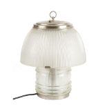 PRODUZIONE ITALIANA ANNI '40 LAMPADA da tavolo con struttura in acciaio, fusto in vetro trasparente,