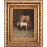 GIUSEPPE BORTIGNONI II (attivo 1883 - 1908) OLIO su tela "Scena d'interno con uomo che fuma e